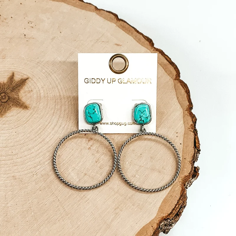 Women’s artistic earrings-Soulful Look Circle Drop and Stone Post Silver Earrings in Turquoise