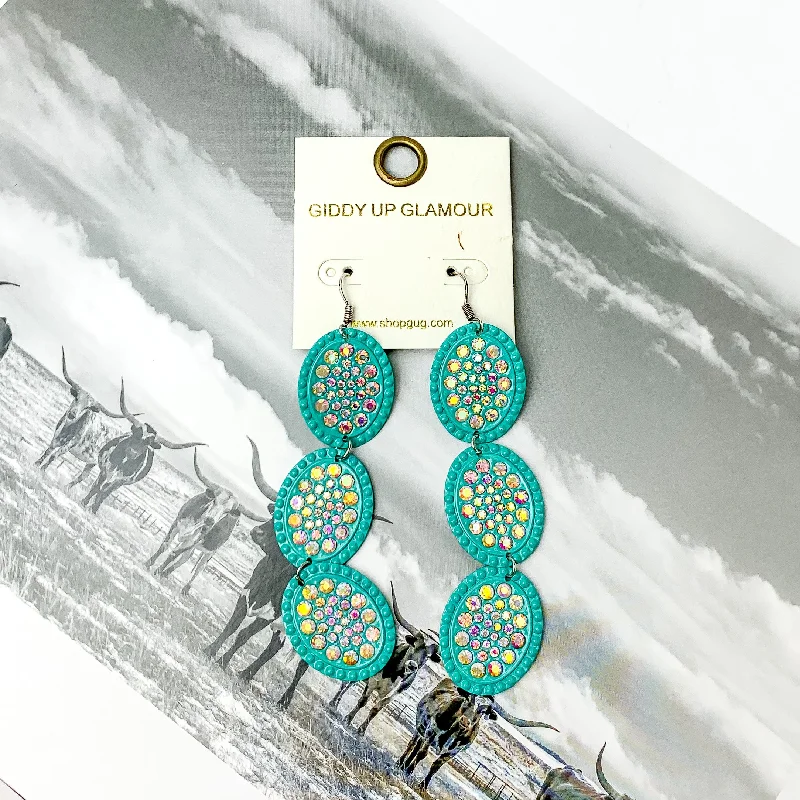 Women’s modern drop earrings-Three Tier Turquoise Blue and AB Crystal Oval Dangle Earrings