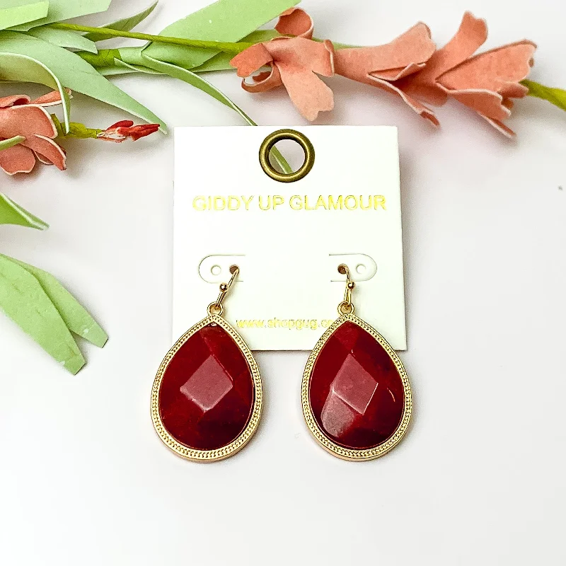 Women’s gold hoop earrings-Maroon Drop Earrings with Gold Tone Outline