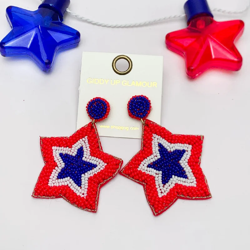 Women’s delicate earrings-Big Beaded Star Earrings in Red, White, and Blue