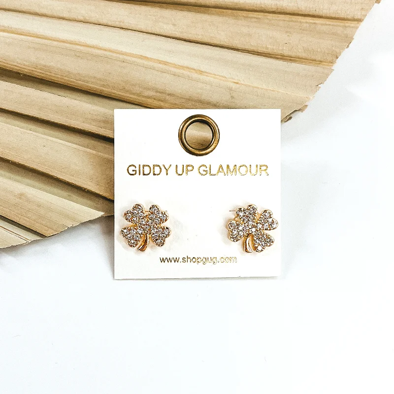 Women’s artistic earrings-Clear Crystal Four Leaf Clover Stud Earrings in Gold