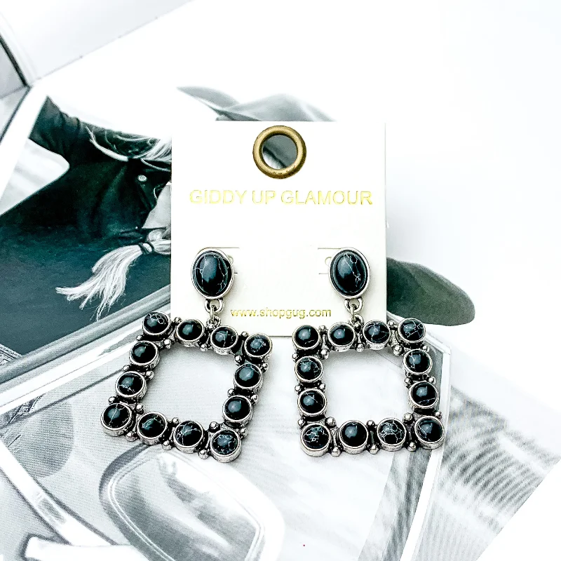 Women’s stylish earrings-Open Square Drop Earrings with Black Stones in Silver Tone