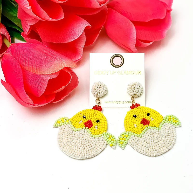 Women’s silver chandelier earrings-Beaded Hatching Chick Easter Earrings in White