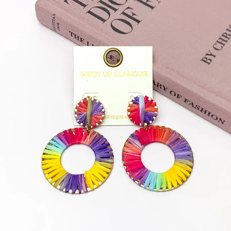 Women’s sterling silver earrings-Rainbow Sunshine Raffia Wrapped Open Circle Earrings in Multicolor