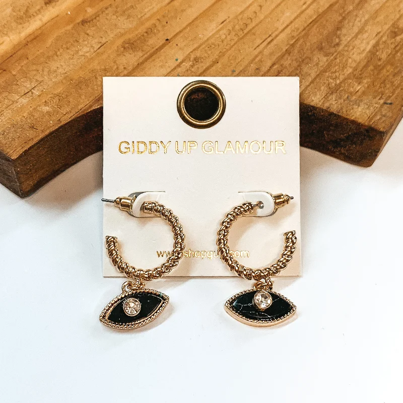 Women’s heart-shaped earrings-Evil Eye Small Hoop Earrings in Gold Tone and Black