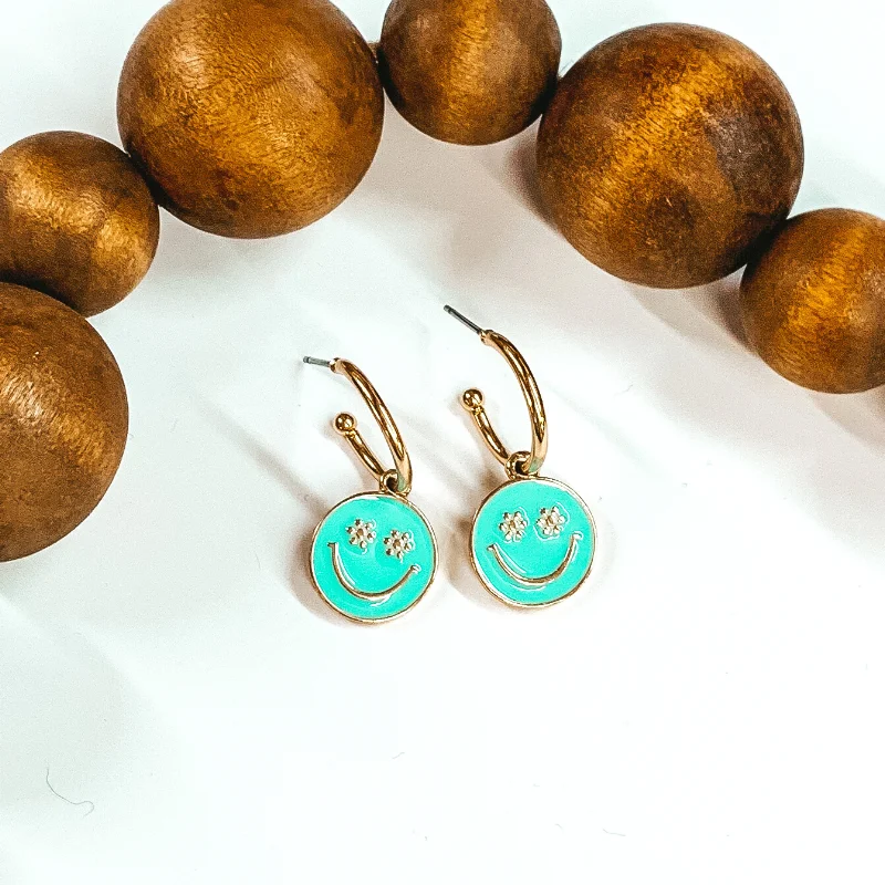 Women’s sparkling earrings-Gold Tone Hoop Earrings with a Happy Face Circle Pendant in Aqua