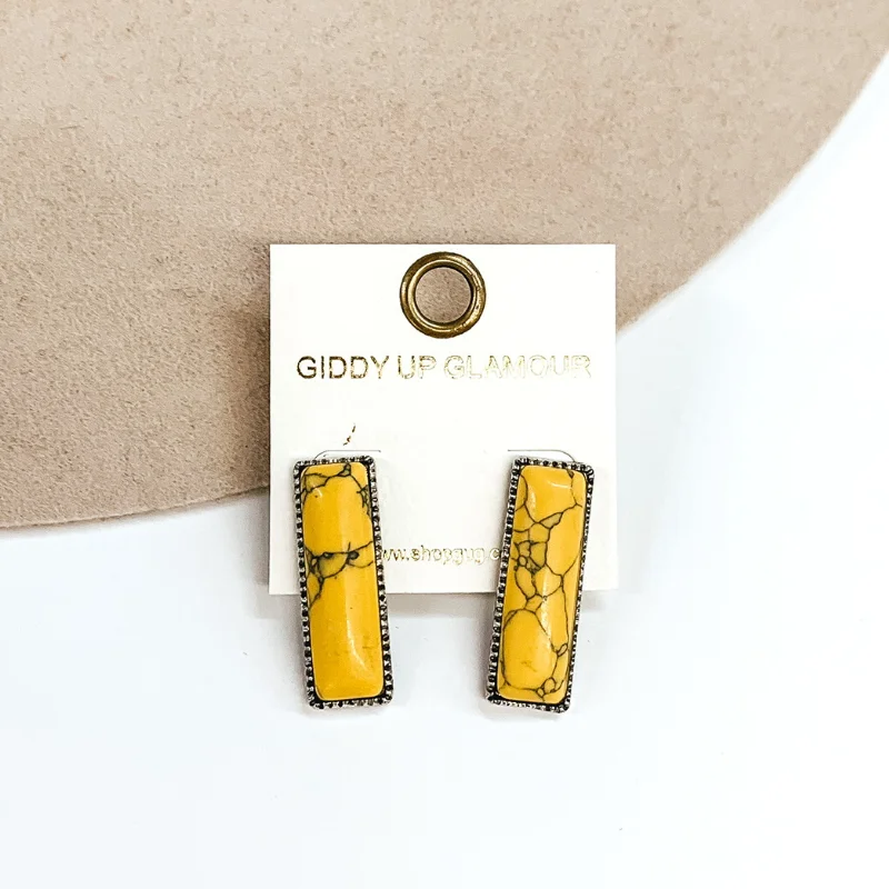 Women’s boho earrings-Medium Rectangle Faux Stone Silver Tone Earrings in Yellow