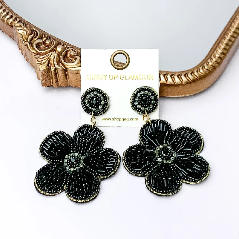 Women’s butterfly earrings-Beaded Flower Earrings in Black with Crystal Stones