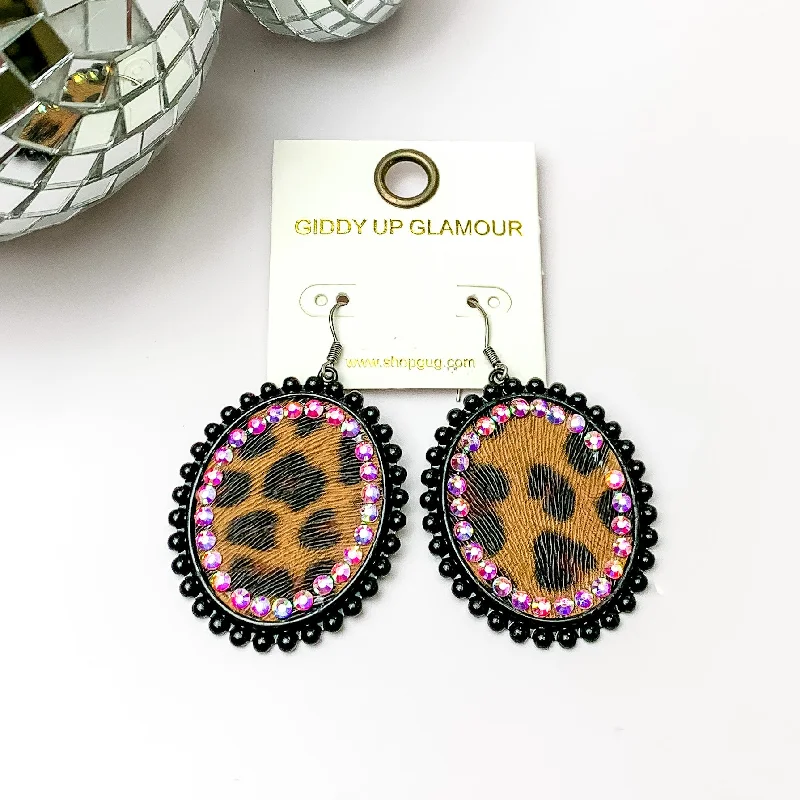 Women’s long earrings-Black Oval Earrings with Leopard Print Inlay and Black Crystal Outline