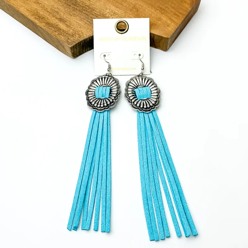 Women’s gold earrings-Silver Tone Concho Dangle Earrings with Light Blue Tassels