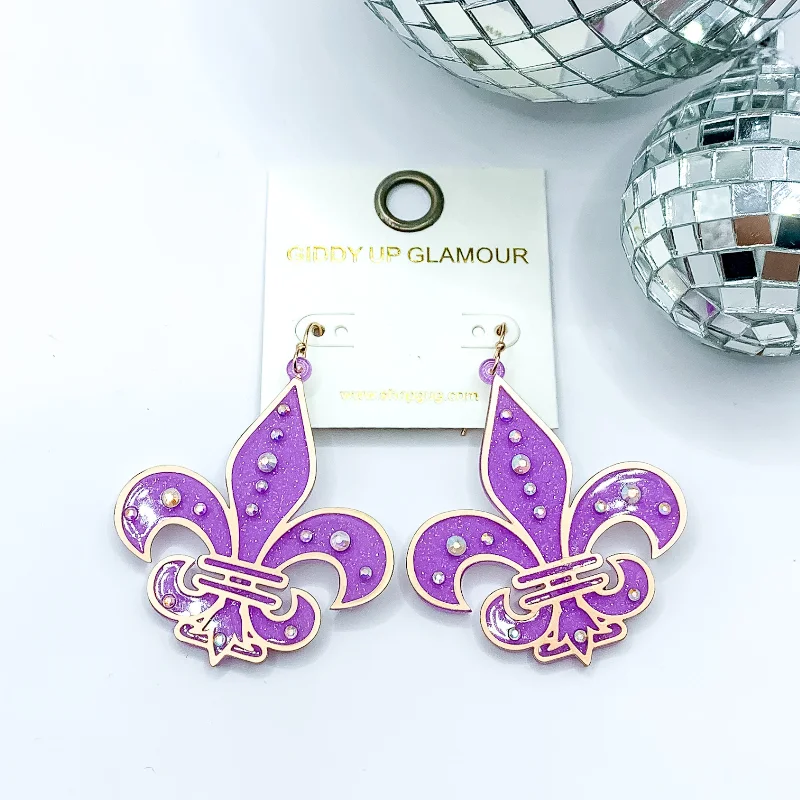 Women’s silver earrings-Glitter Fleur De Lis Earrings with AB Crystals in Purple