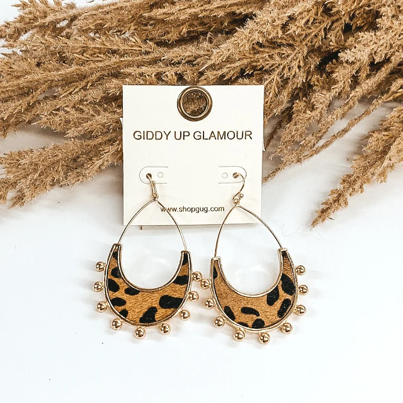 Women’s vintage-inspired earrings-Gold Teardrop Earrings with a Brown Animal Print