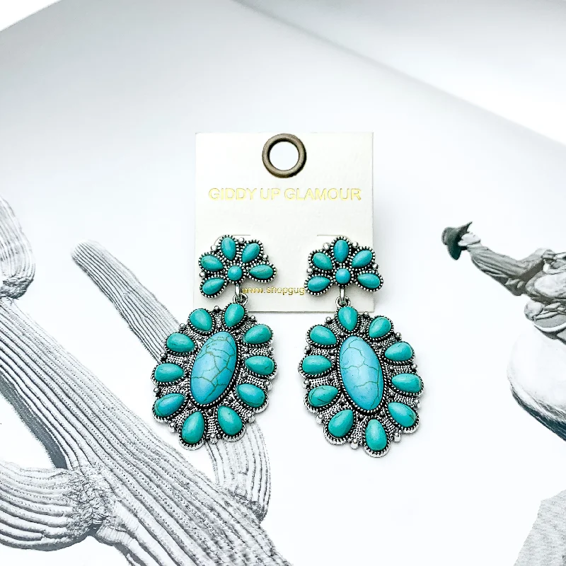 Women’s geometric earrings-Turquoise Cluster Post Earrings with Oval Cluster Drop with Turquoise Stones