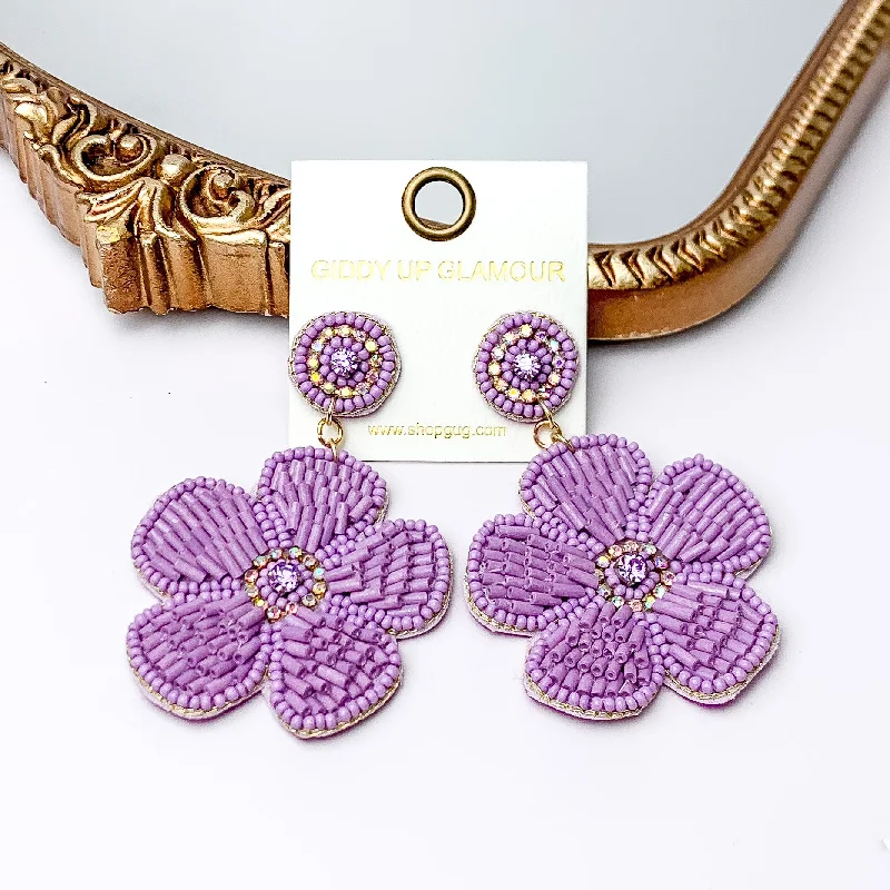 Women’s unique earrings-Beaded Flower Earrings in Lavender with Crystal Stones