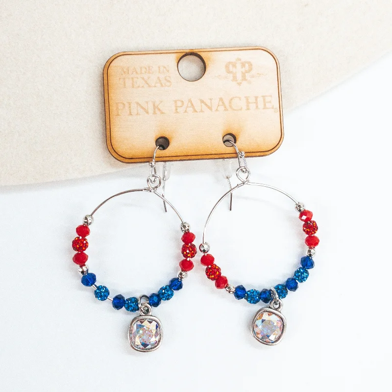 Women’s sapphire earrings-Pink Panache | Silver Hoop Earrings with Red, White, and Blue Crystalized Beads with Hanging AB Crystal