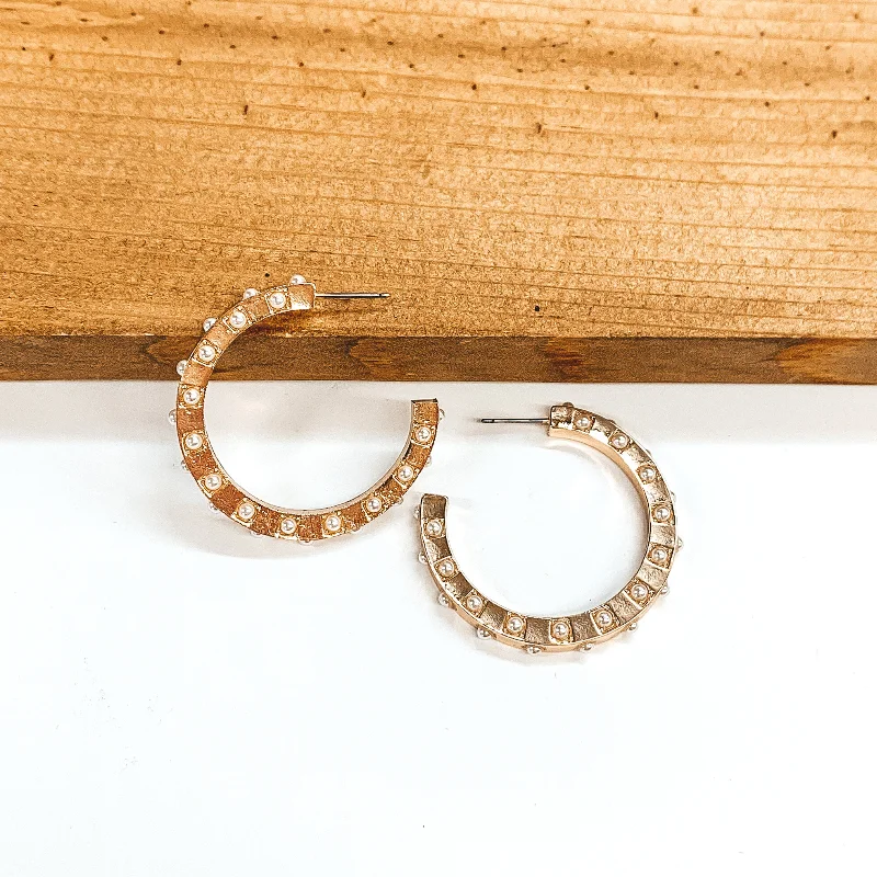 Women’s hoop earrings with crystals-Hoop Earrings with White Pearls in Gold