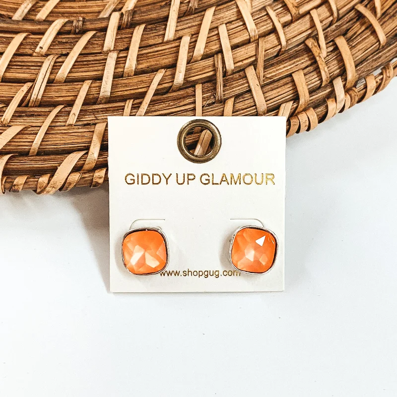 Women’s small hoop earrings-Silver Tone Square Stud Earrings with Crystals in Orange