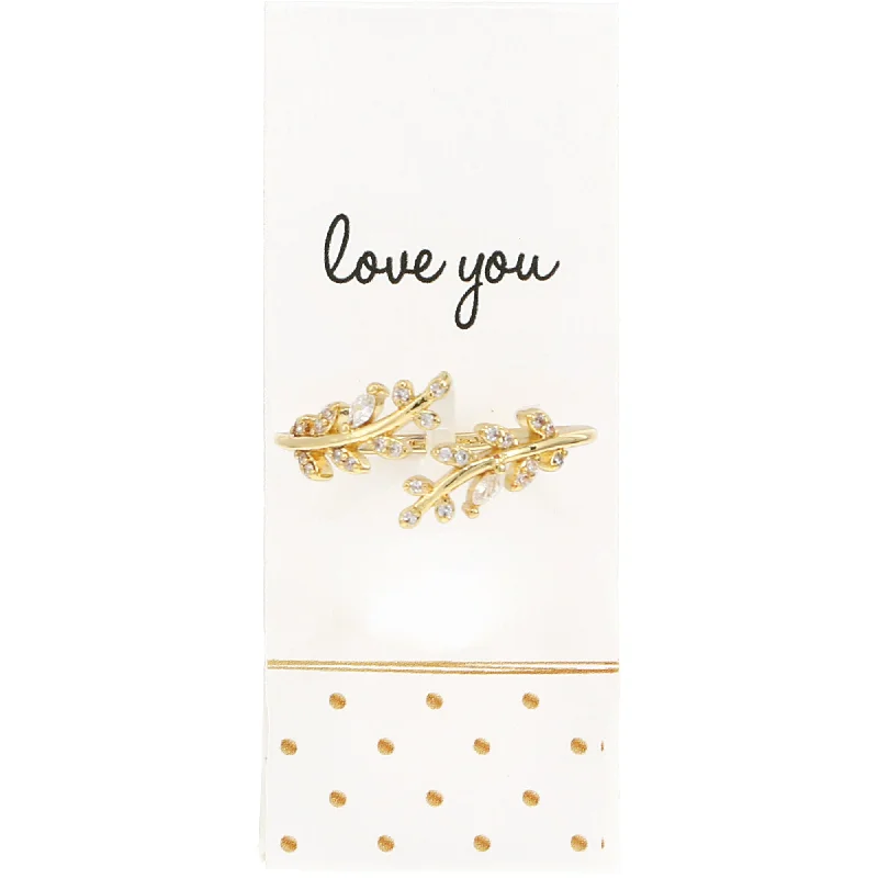 Women’s statement cocktail rings-Love You White Zircon Leaf - Adjustable 14K Gold Plated Ring