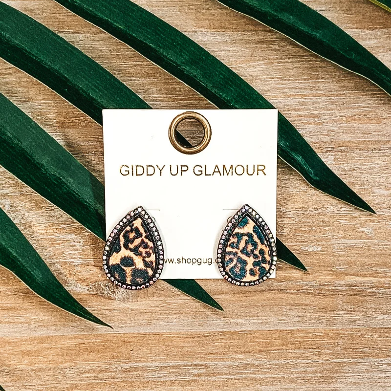 Women’s personalized stud earrings-Teardrop Leopard Print Studs in Patina with Multi Crystals