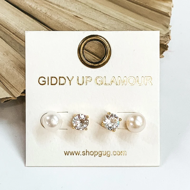 Women’s fashion stud earrings-Clear Crystal and Pearl 2 Piece Stud Earring Set in Gold Tone