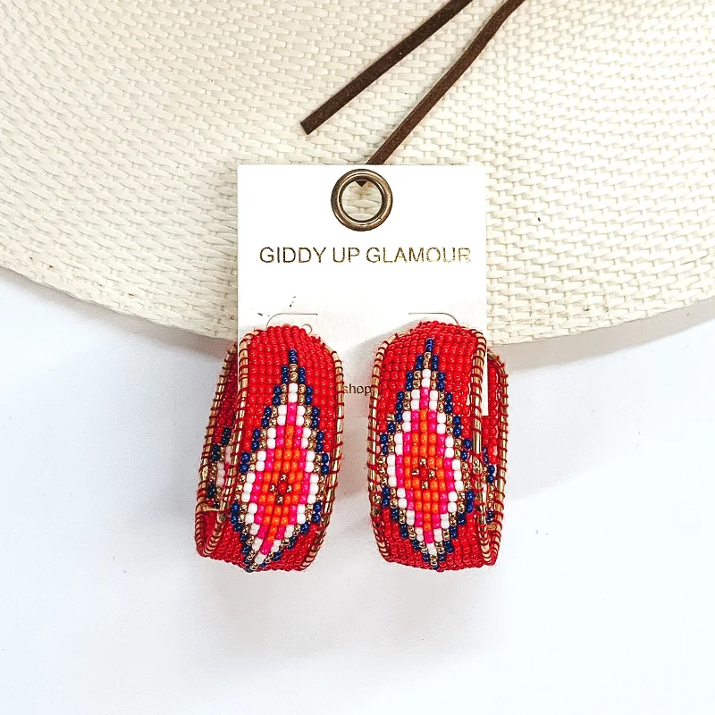 Women’s gold hoop earrings-Aztec Pattern Beaded Hoop Earrings in Red