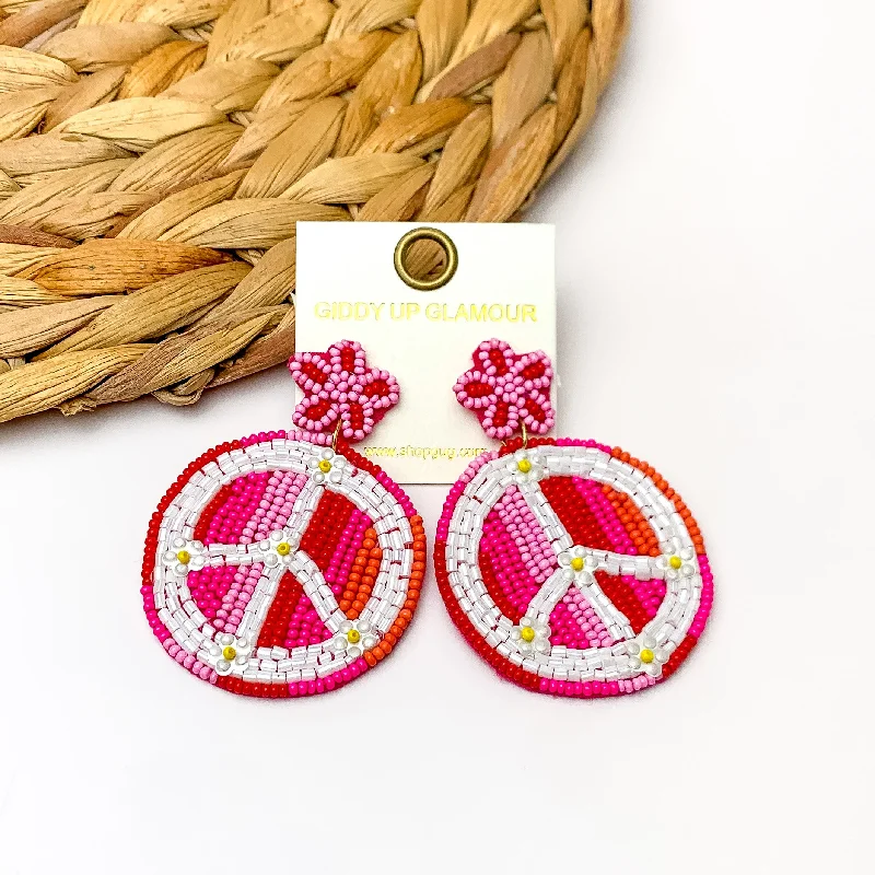 Women’s layered earrings-Beaded Peace sign Earrings With Star Post in Fuchsia Pink