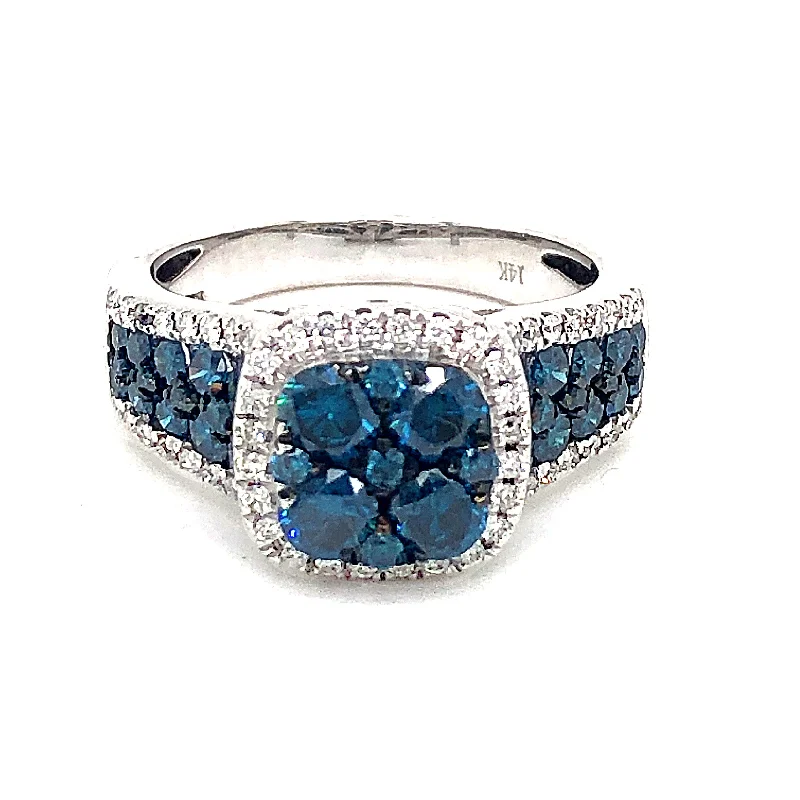 Women’s sterling silver rings-Blue Diamond Cushion Cluster Halo Ring