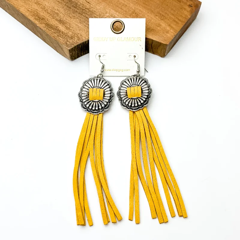 Women’s vintage earrings-Silver Tone Concho Dangle Earrings with Yellow Tassels