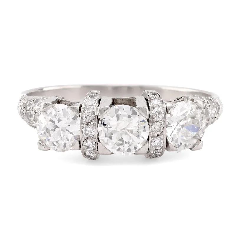 Women’s oval rings-Art Deco Style Diamond Platinum Three Stone Ring