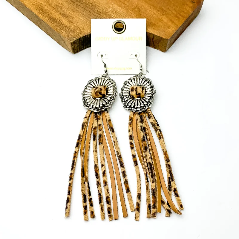 Women’s silver stud earrings-Silver Tone Concho Dangle Earrings with Leopard Print Tassels