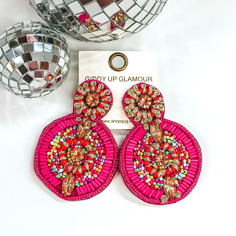 Women’s luxury diamond hoop earrings-Double Circle Beaded Statement Earrings in Fuchsia