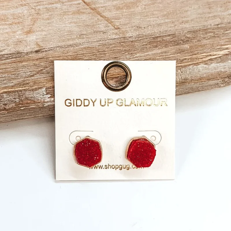 Women’s elegant earrings-Druzy Hexagon Post Earrings in Red