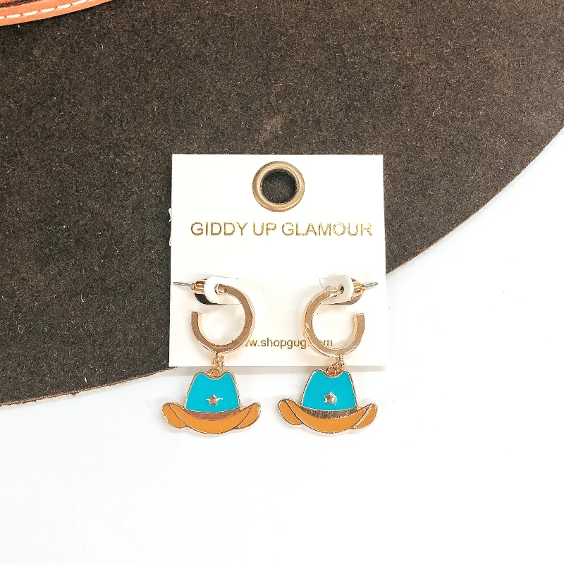 Women’s hoop earrings with diamonds-Gold Tone Hoop Huggie Earrings with Hanging Hat Pendant in Turquoise