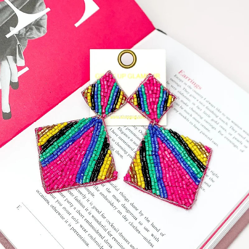 Women’s drop earrings with gemstones-Beaded Double Diamond Striped Earrings in Multicolor