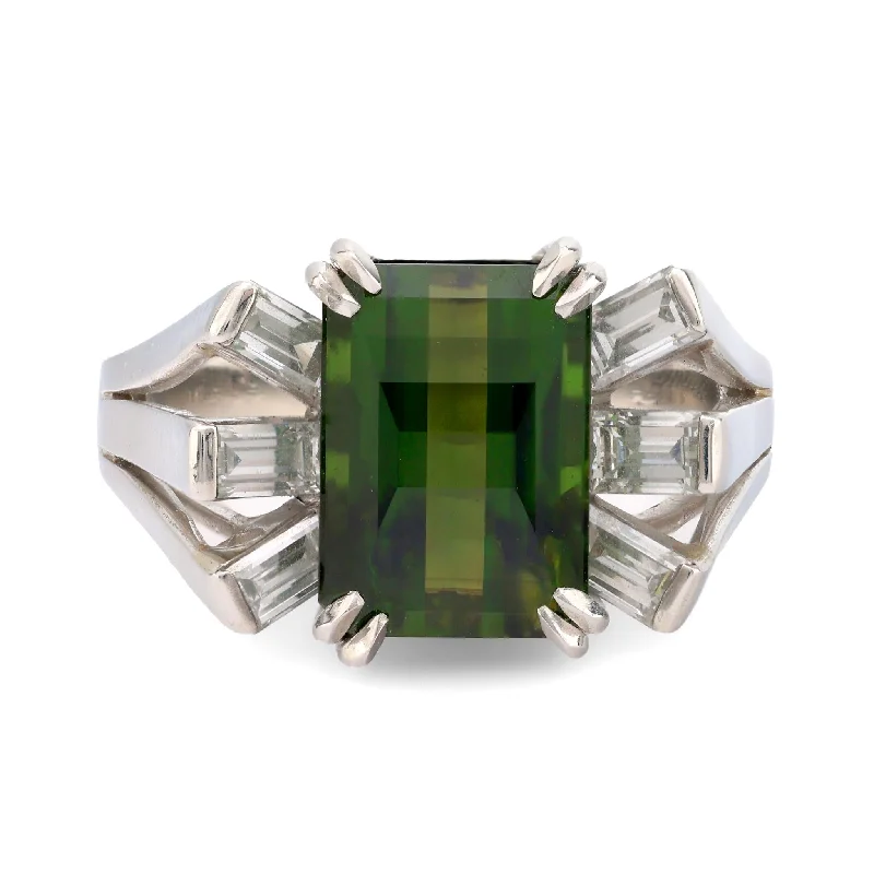 Women’s sterling silver fashion rings-Mid Century 5.60 carat green tourmaline diamond platinum cocktail ring