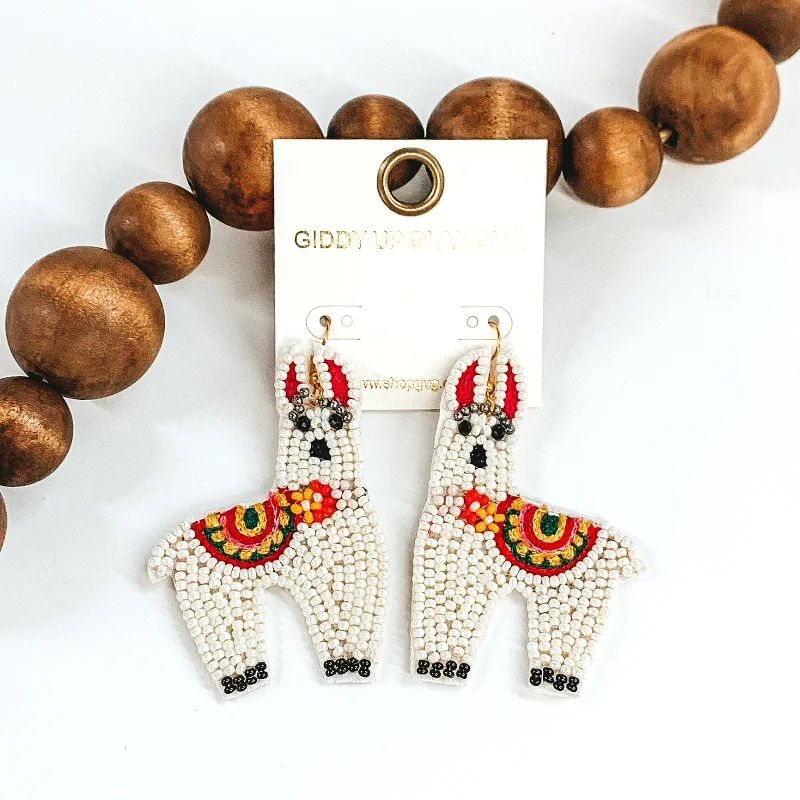 Women’s gold dangly earrings-Beaded Llama Earrings in Ivory