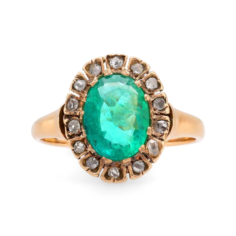 Women’s rose gold rings-GIA 1.40 carat oval cut emerald diamond 14k yellow gold cluster ring