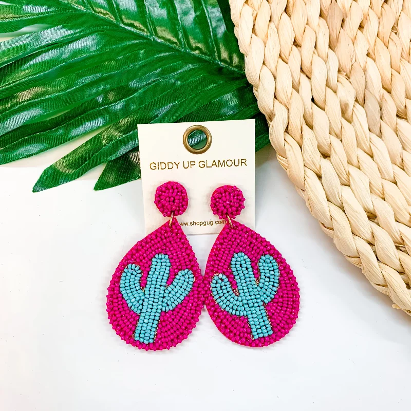 Women’s small hoop earrings-Lookin' Sharp Seed Bead Cactus Teardrop Earrings In Fuchsia and Turquoise