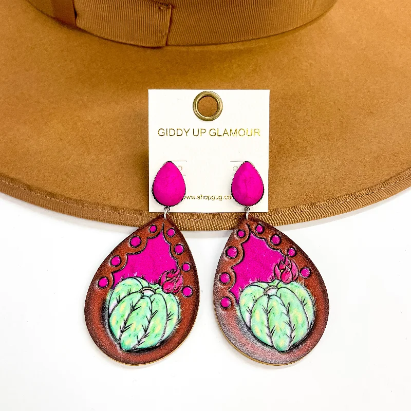 Women’s silver hoop earrings-Hot Pink Stone Post Earrings with Cactus and Flower Brown Leather Teardrop