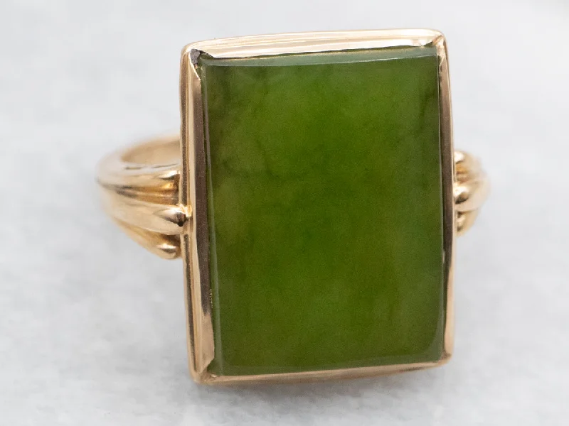 Mid-Century Rectangular Cut Nephrite Jade Ring