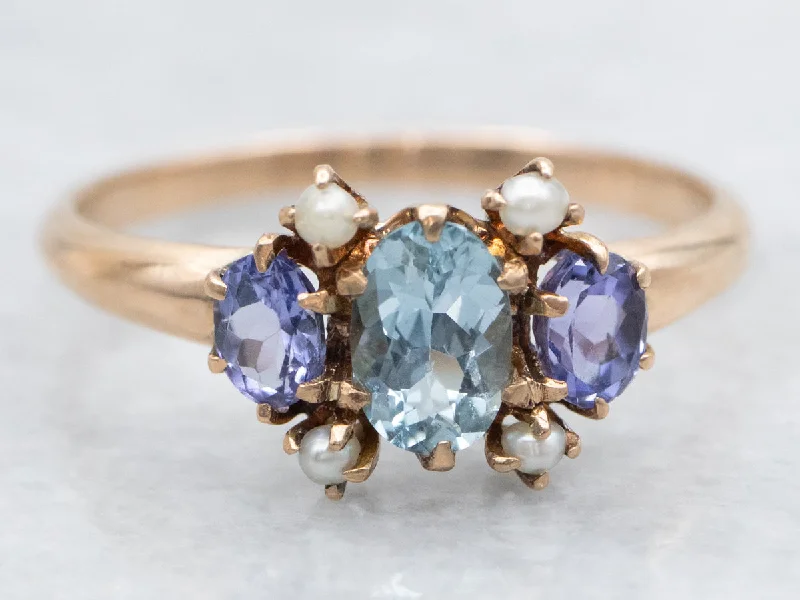 Victorian Aquamarine Lavender Tanzanite and Seed Pearl Ring