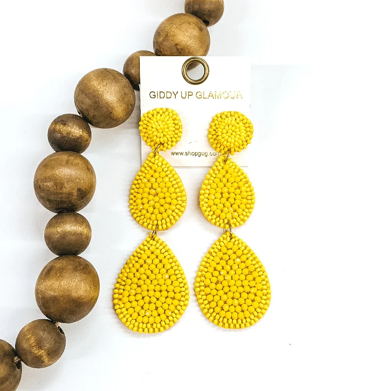 Women’s teardrop earrings-Glass Seed Beaded Drop Earrings in Yellow