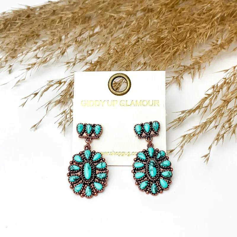 Women’s vintage-inspired earrings-Copper Tone Cluster Post Earrings with Oval Cluster Drop with Turquoise Stones