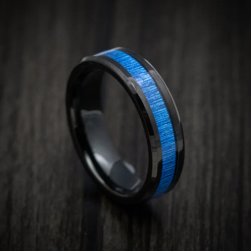 Black Tungsten Men's Ring with Blue Bamboo Inlay