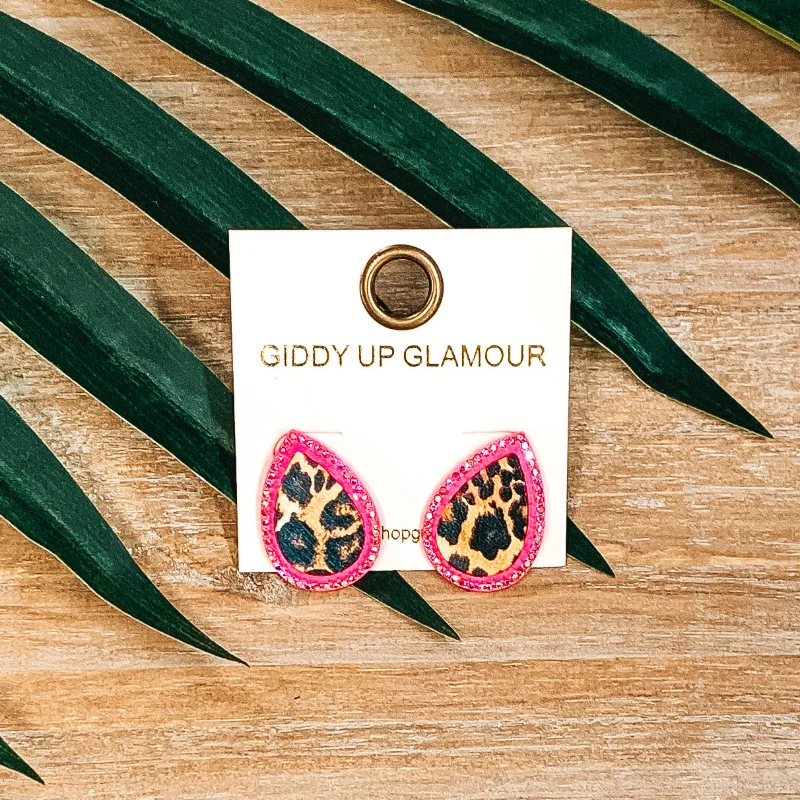 Women’s small hoop earrings-Teardrop Leopard Print Studs in Hot Pink with Multi Crystals