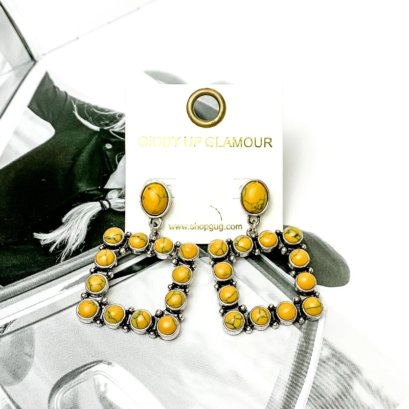 Women’s custom earrings-Open Square Drop Earrings with Mustard Yellow Stones in Silver Tone