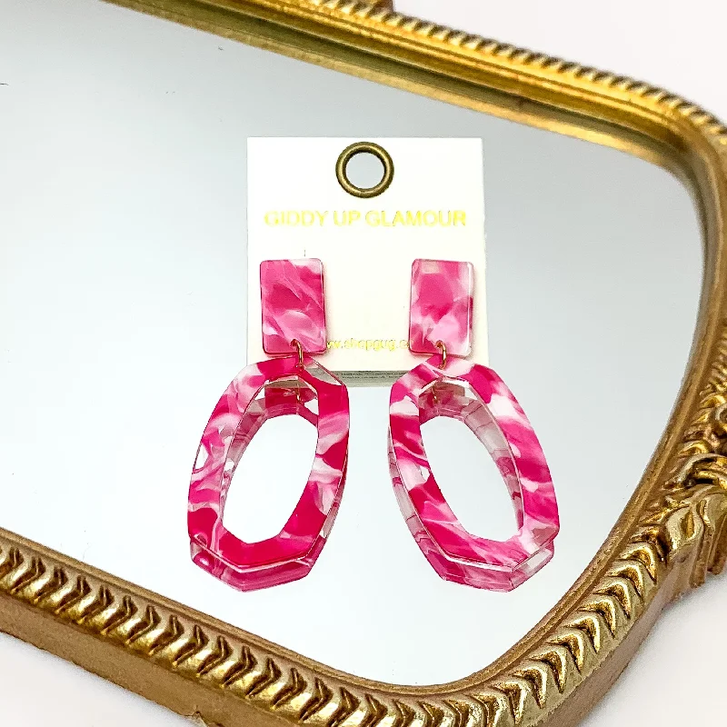 Women’s oversized earrings-Miami Marble Open Oval Earrings in Hot Pink