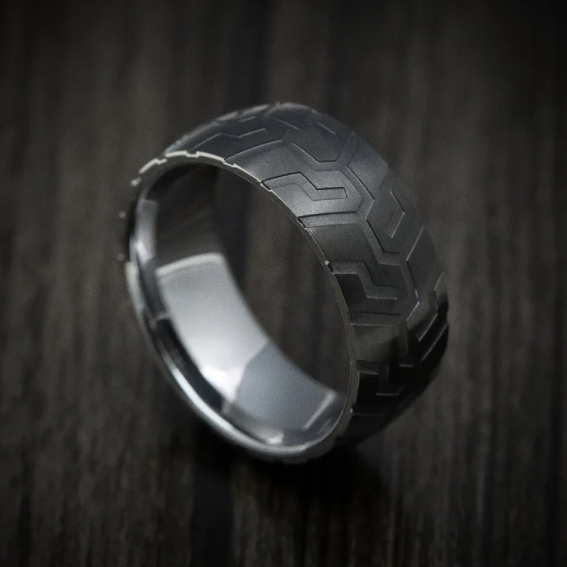 Black Tungsten Men's Ring with Tire Tread Pattern