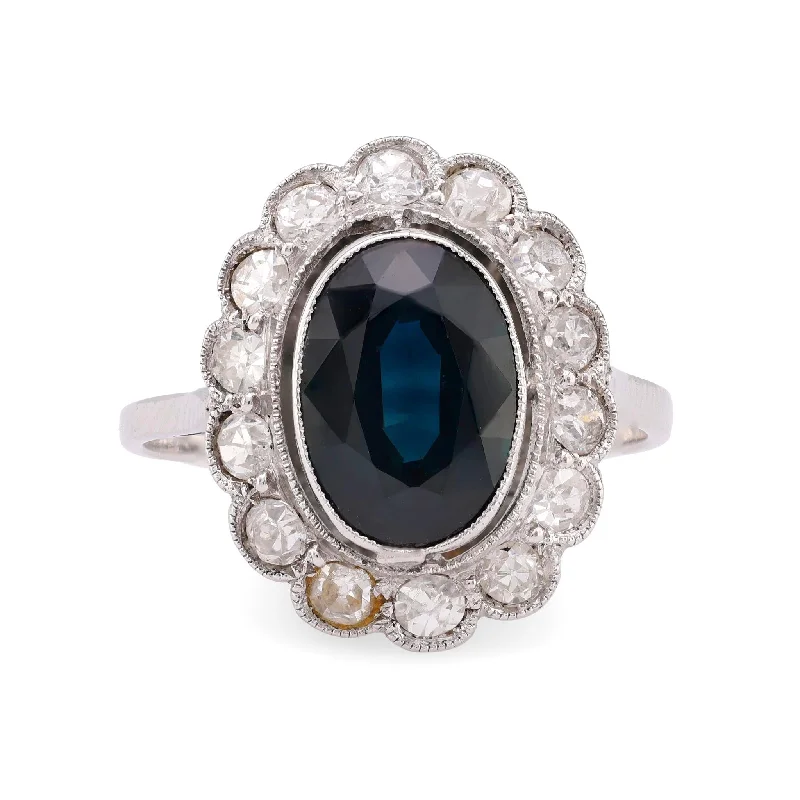 Women’s moonstone rings-French GIA 3.00 carat no heat sapphire diamond 18k white gold cluster ring