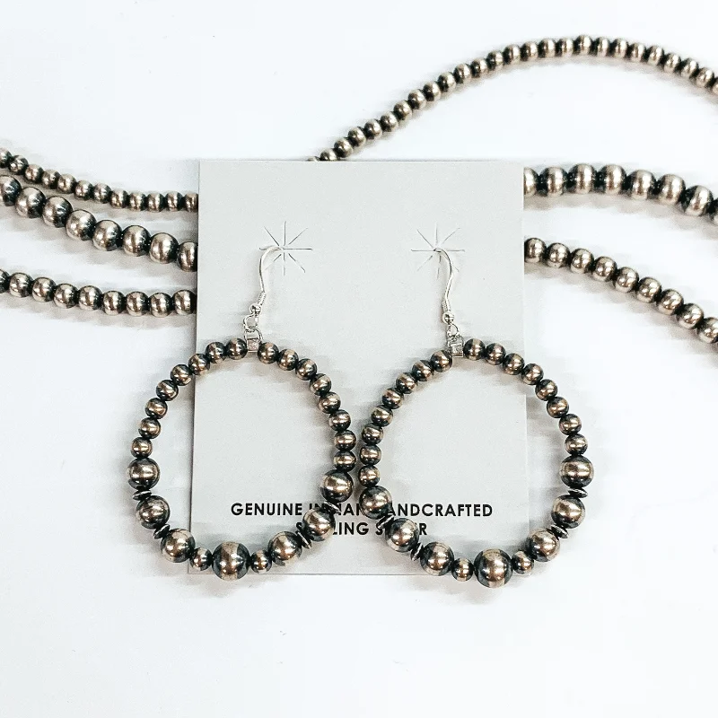 Women’s big statement earrings-Mason Lee | Navajo Handmade Sterling Silver Graduated Navajo Pearl Beaded Hoop Earrings with Tiny Saucer Bead Spacers